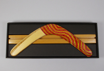 Gift set Ethno Banana Tjukurrpa boomerang with stand in a special box